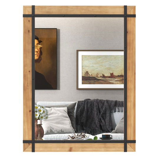 30 x 40 Inch Wall Mounted Mirror with Fir Wood Frame-Natural Kids Crystal