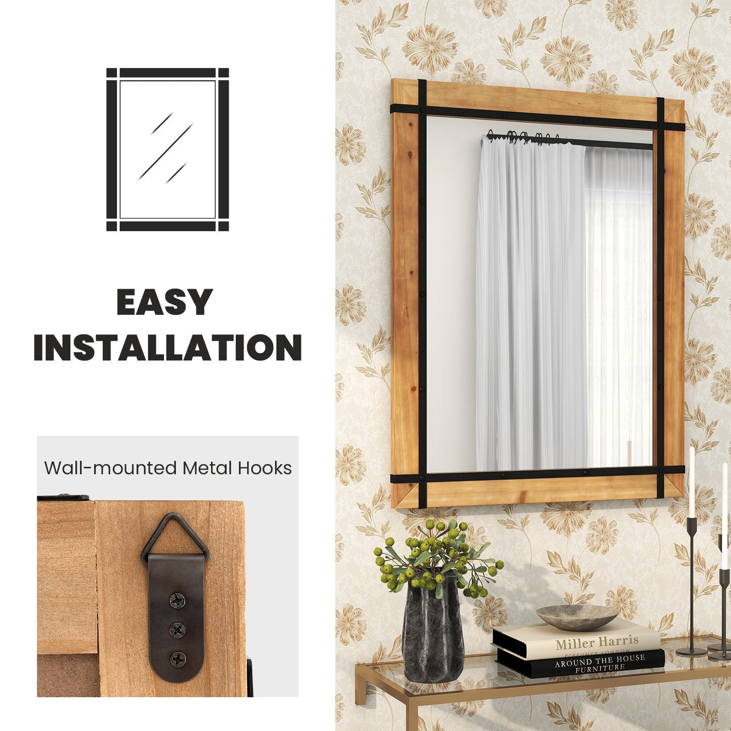 30 x 40 Inch Wall Mounted Mirror with Fir Wood Frame-Natural Kids Crystal