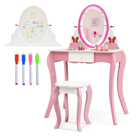 Kids Vanity Table and Stool Set with 360° Rotating Mirror and Whiteboard-Pink Kids Crystal