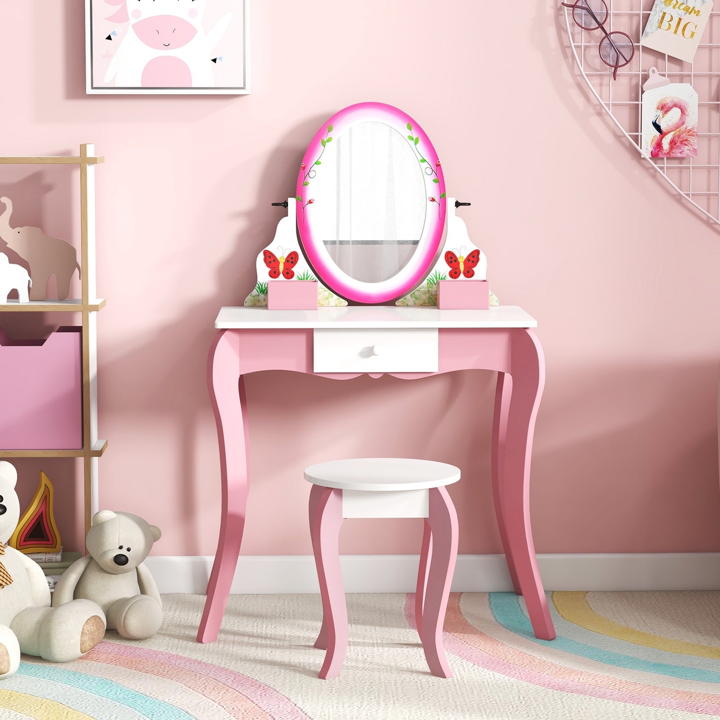 Kids Vanity Table and Stool Set with 360° Rotating Mirror and Whiteboard-Pink Kids Crystal