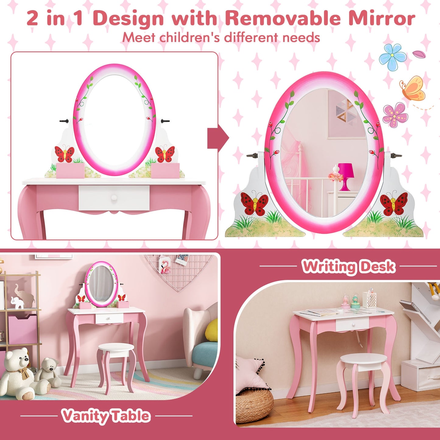 Kids Vanity Table and Stool Set with 360° Rotating Mirror and Whiteboard-Pink Kids Crystal