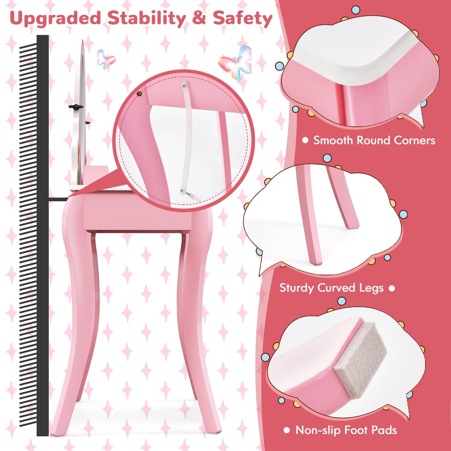 Kids Vanity Table and Stool Set with 360° Rotating Mirror and Whiteboard-Pink Kids Crystal
