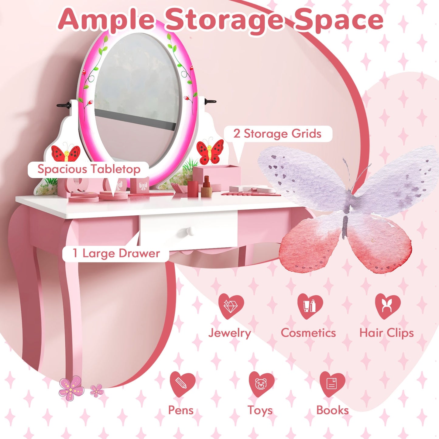 Kids Vanity Table and Stool Set with 360° Rotating Mirror and Whiteboard-Pink Kids Crystal