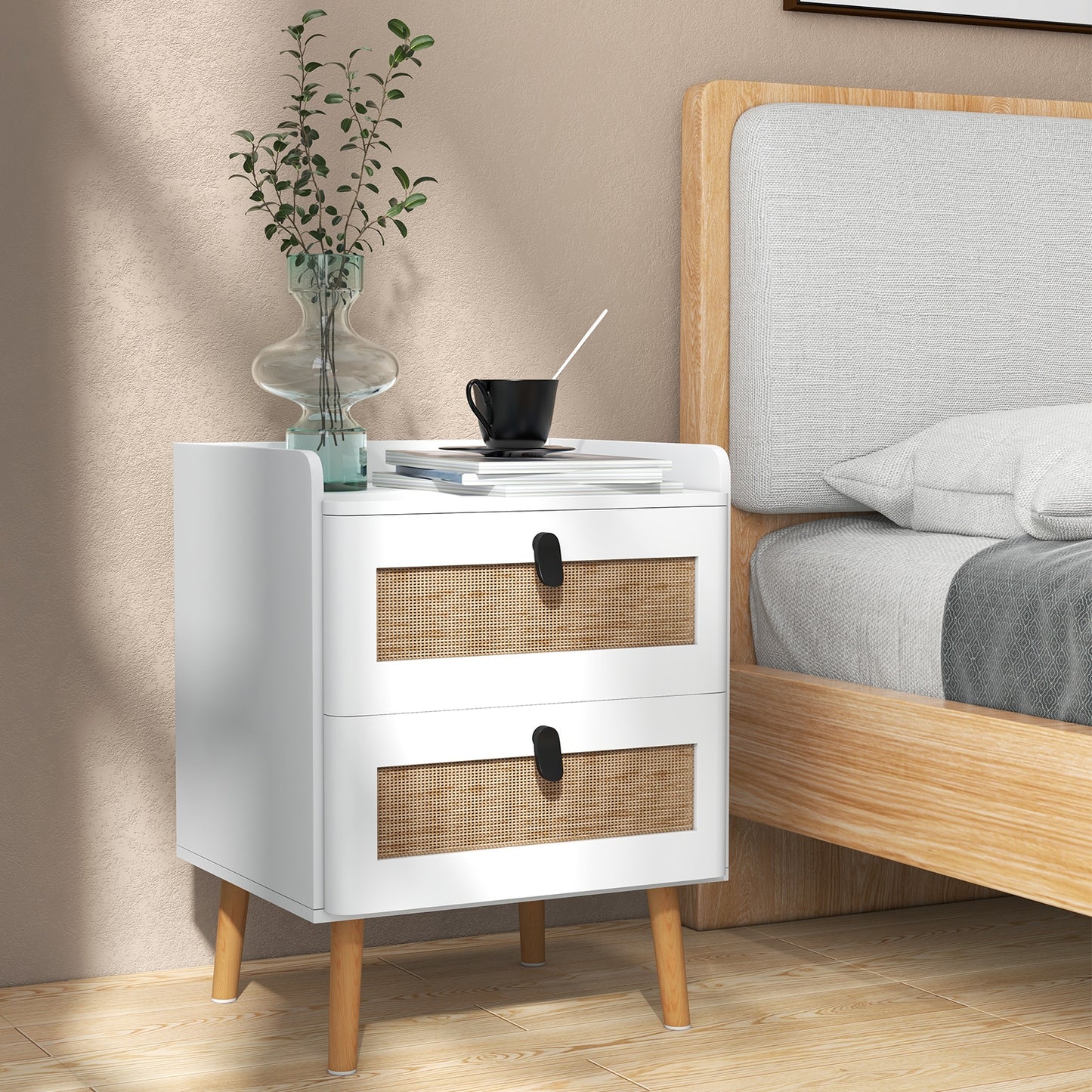 Modern End Table Bedside Table with 2 Rattan Decorated Drawers-White Kids Crystal