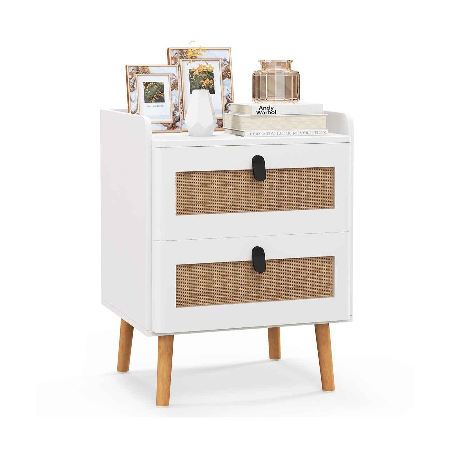 Modern End Table Bedside Table with 2 Rattan Decorated Drawers-White Kids Crystal