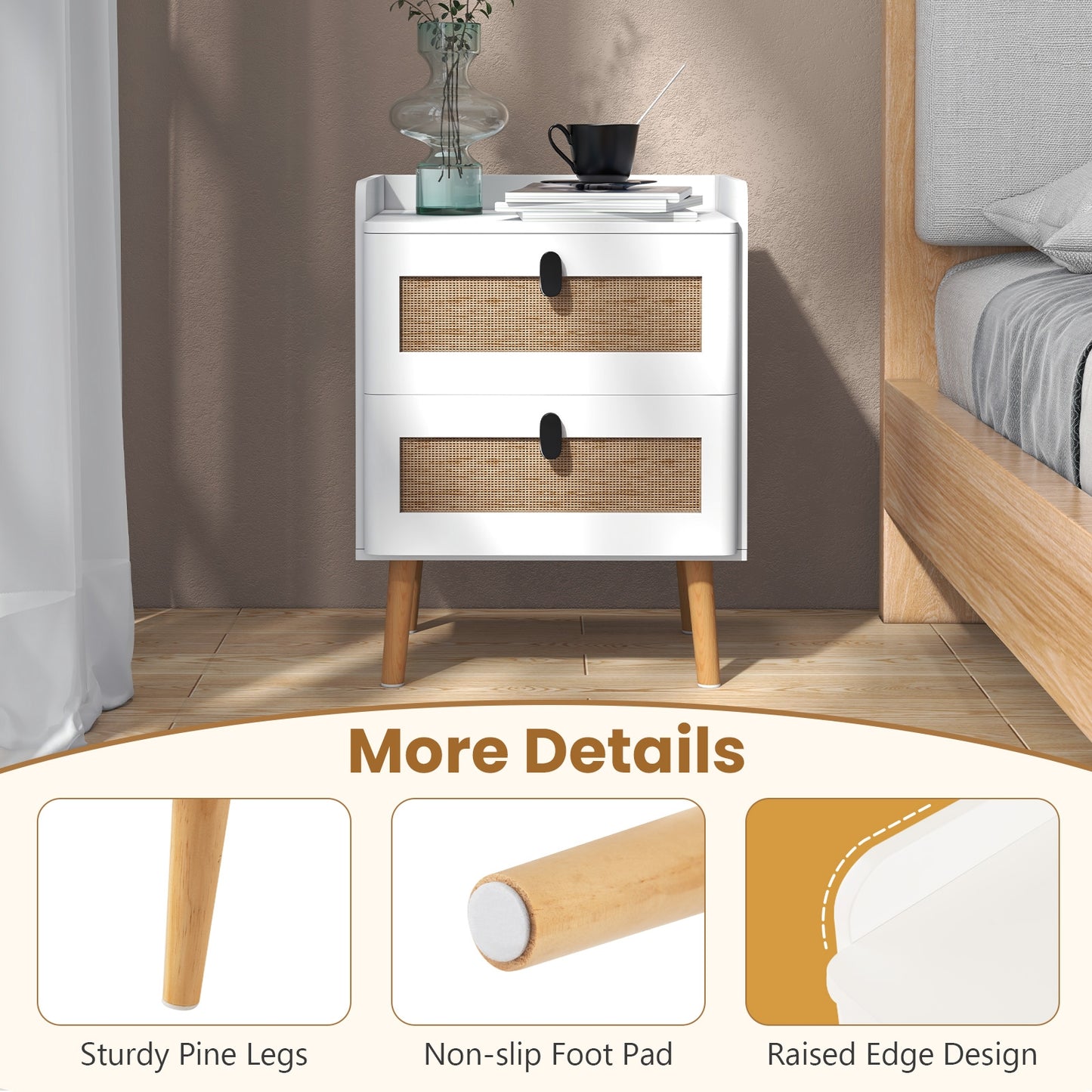 Modern End Table Bedside Table with 2 Rattan Decorated Drawers-White Kids Crystal