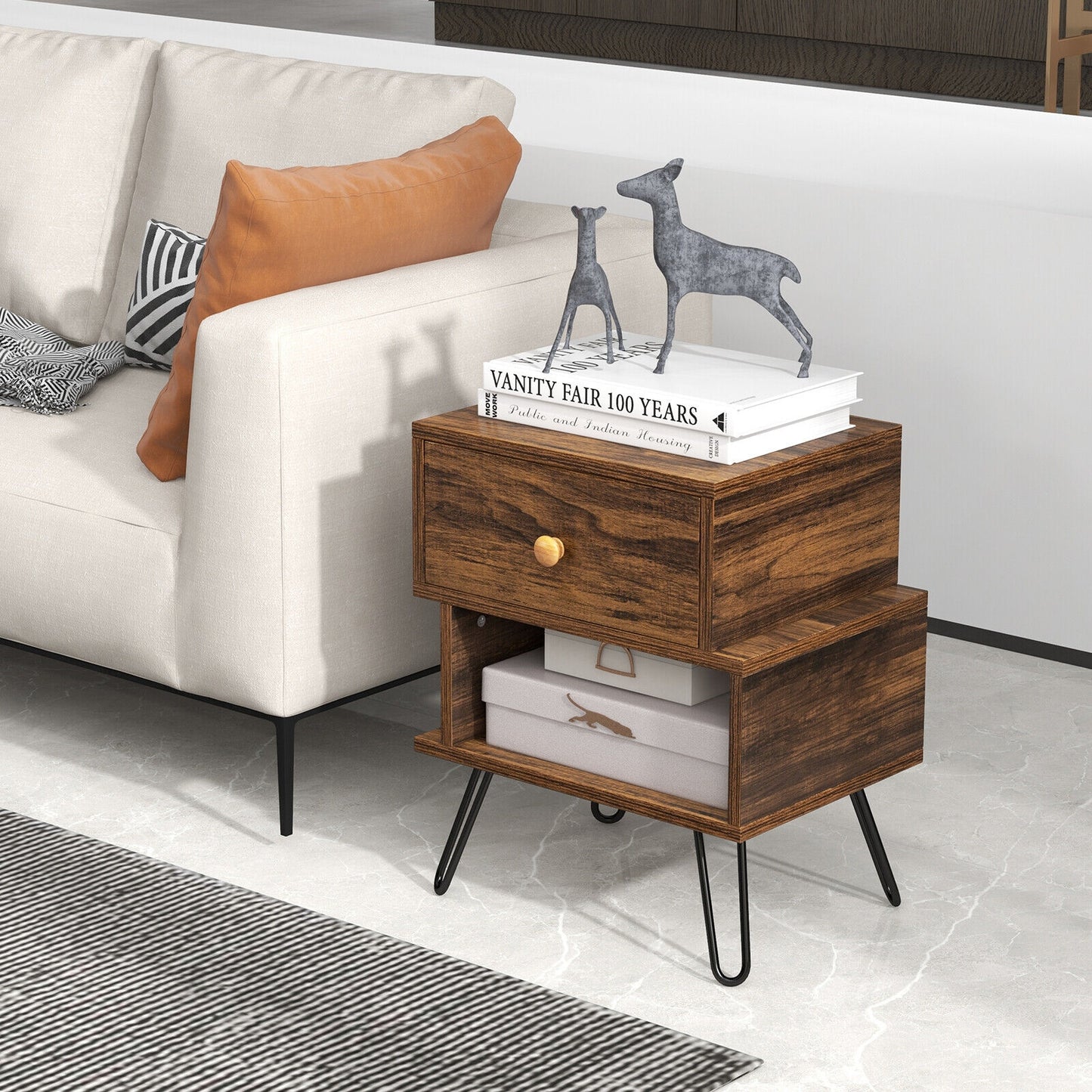 Set of 2 2-Tier Irregular Wooden Nightstands with Elevated Metal Feet-Walnut Kids Crystal