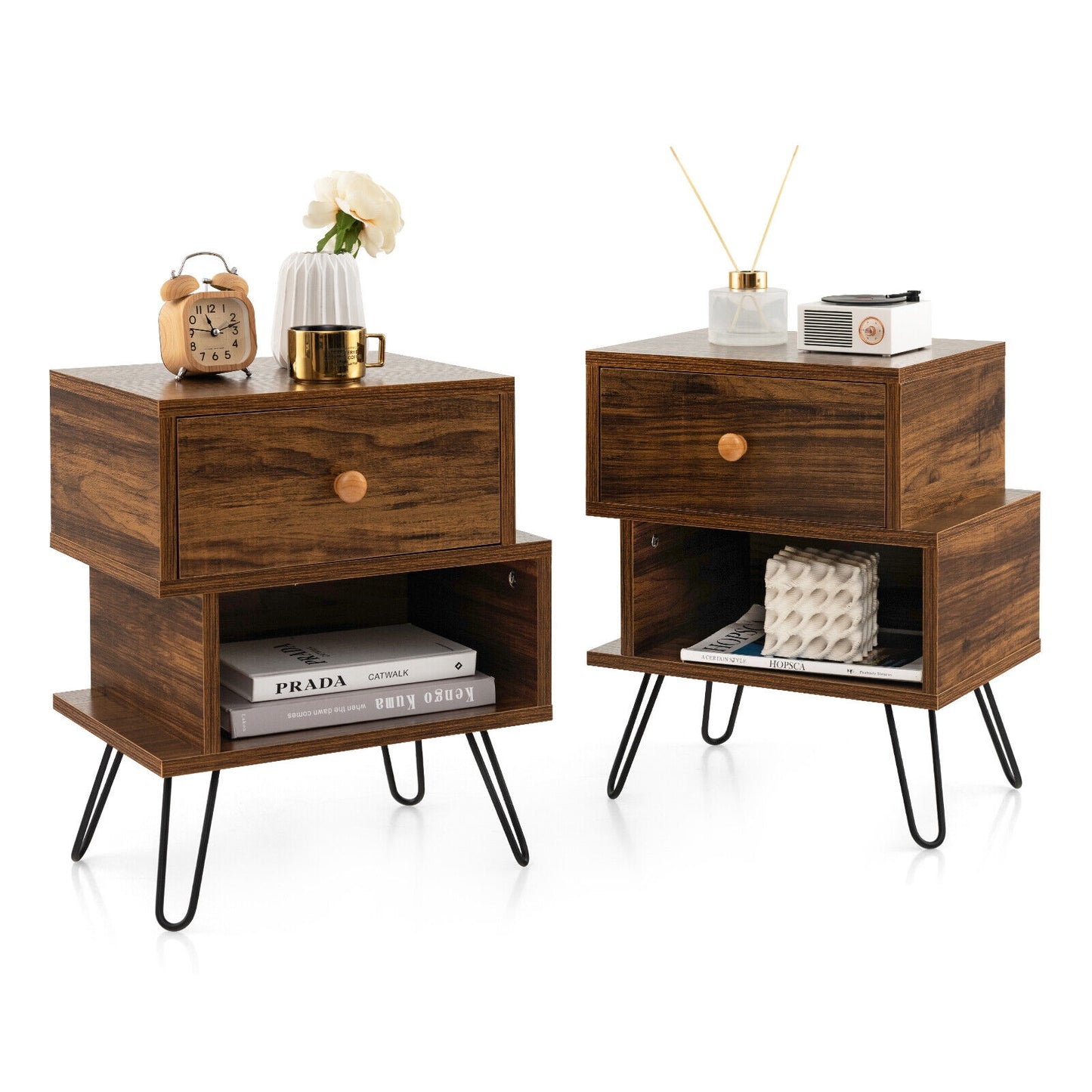Set of 2 2-Tier Irregular Wooden Nightstands with Elevated Metal Feet-Walnut Kids Crystal