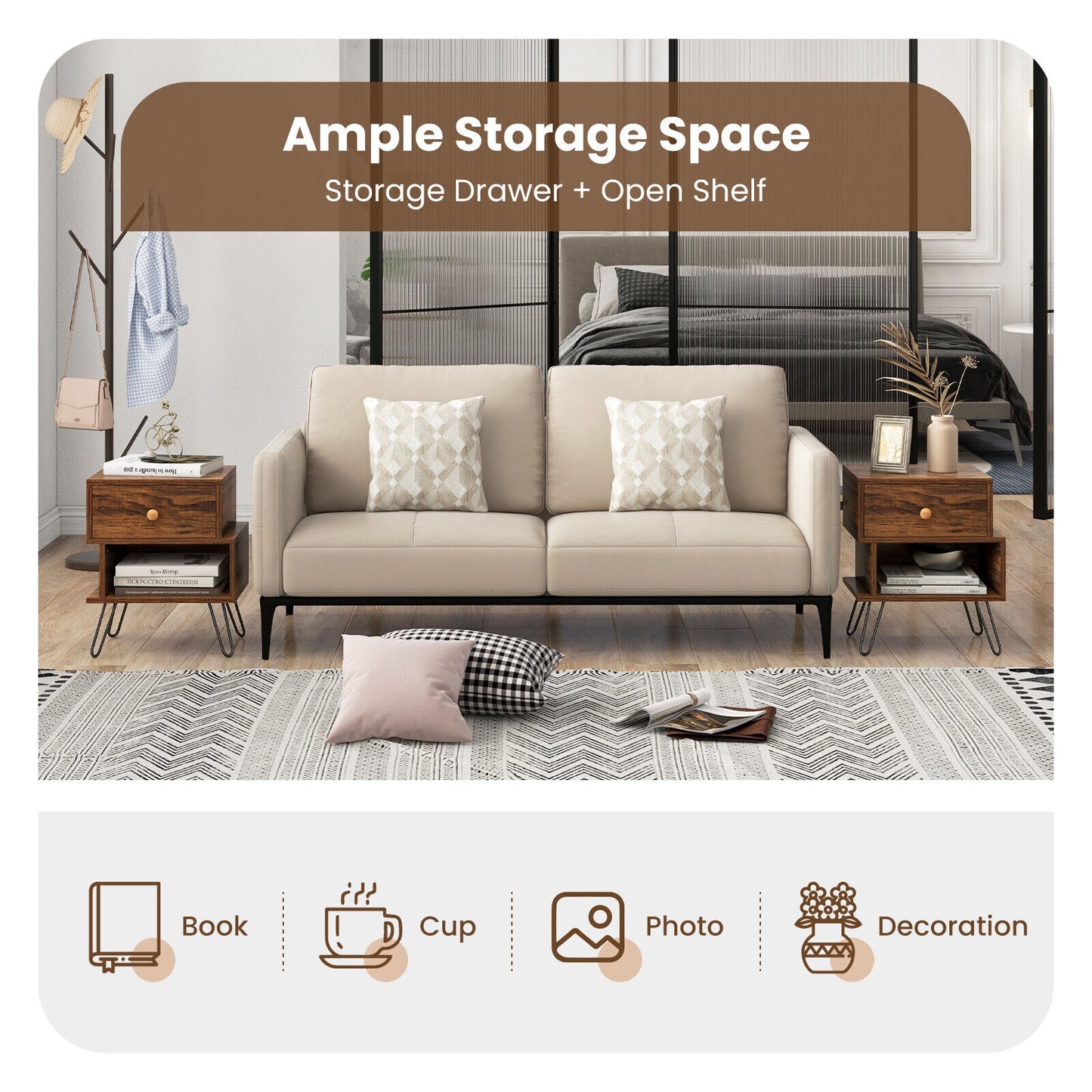 Set of 2 2-Tier Irregular Wooden Nightstands with Elevated Metal Feet-Walnut Kids Crystal