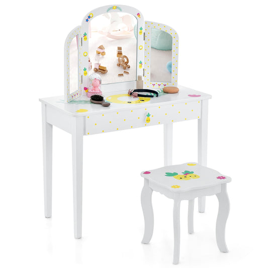 Kids Vanity Table Set with Tri-Folding Mirror and Large Drawer-White Kids Crystal