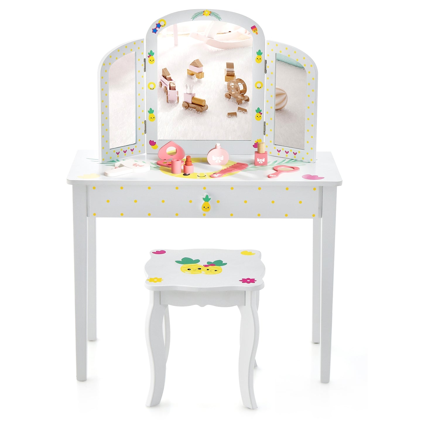 Kids Vanity Table Set with Tri-Folding Mirror and Large Drawer-White Kids Crystal