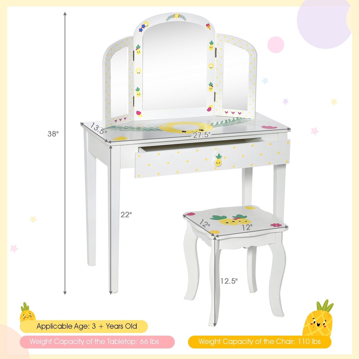 Kids Vanity Table Set with Tri-Folding Mirror and Large Drawer-White Kids Crystal