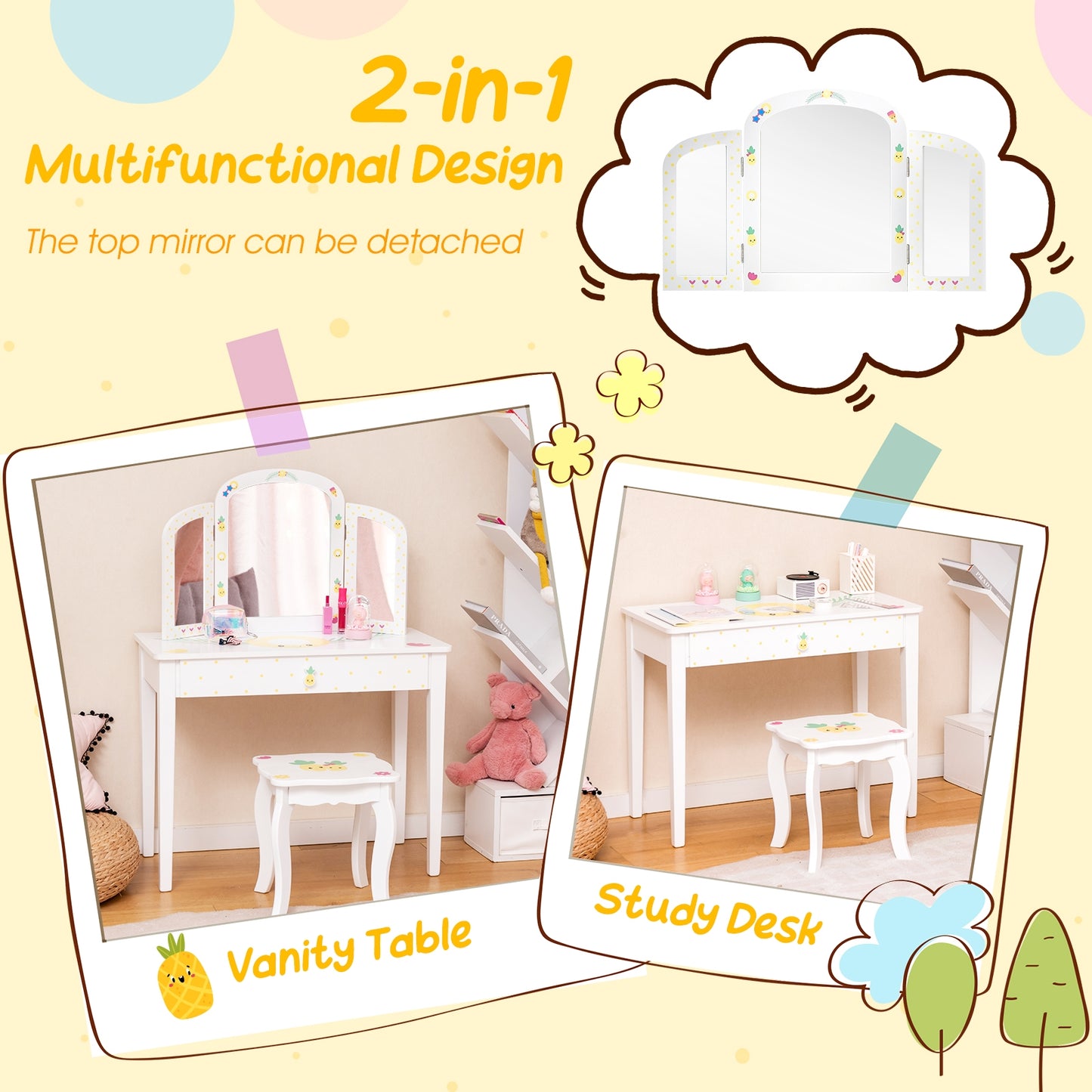 Kids Vanity Table Set with Tri-Folding Mirror and Large Drawer-White Kids Crystal