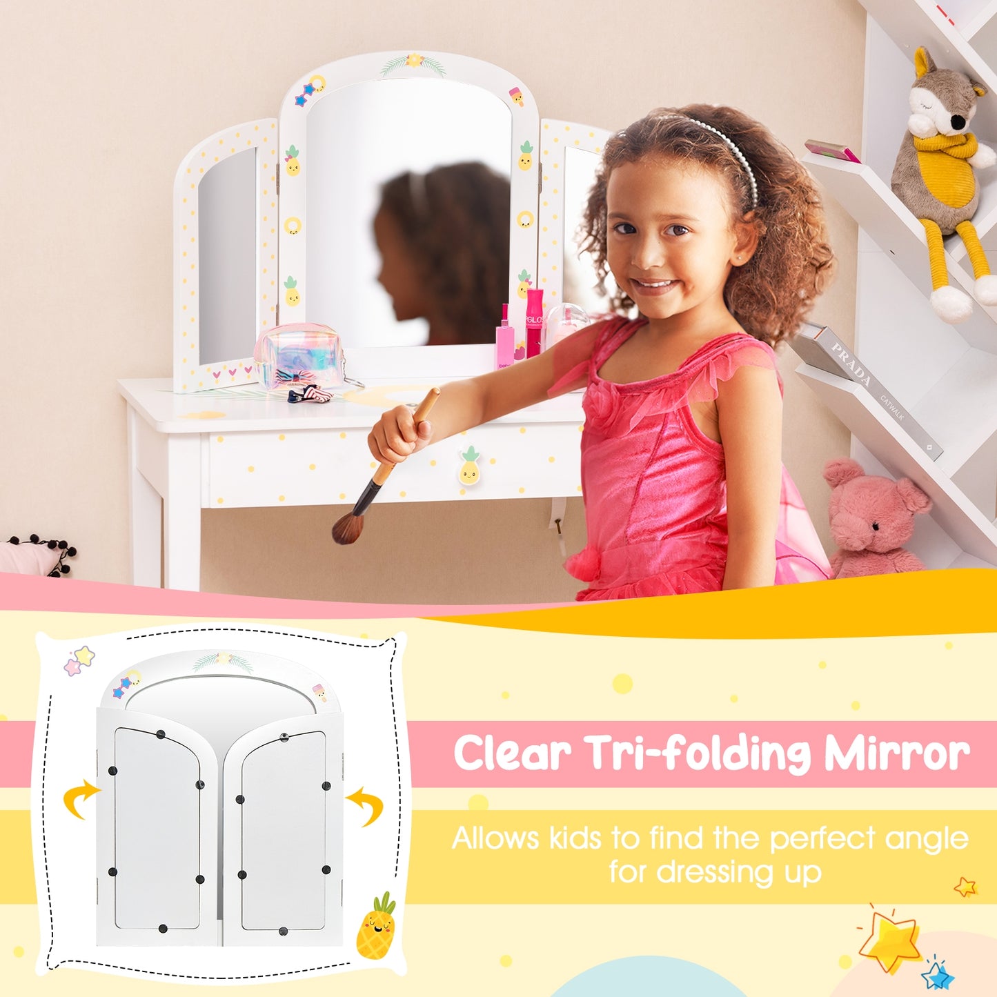 Kids Vanity Table Set with Tri-Folding Mirror and Large Drawer-White Kids Crystal