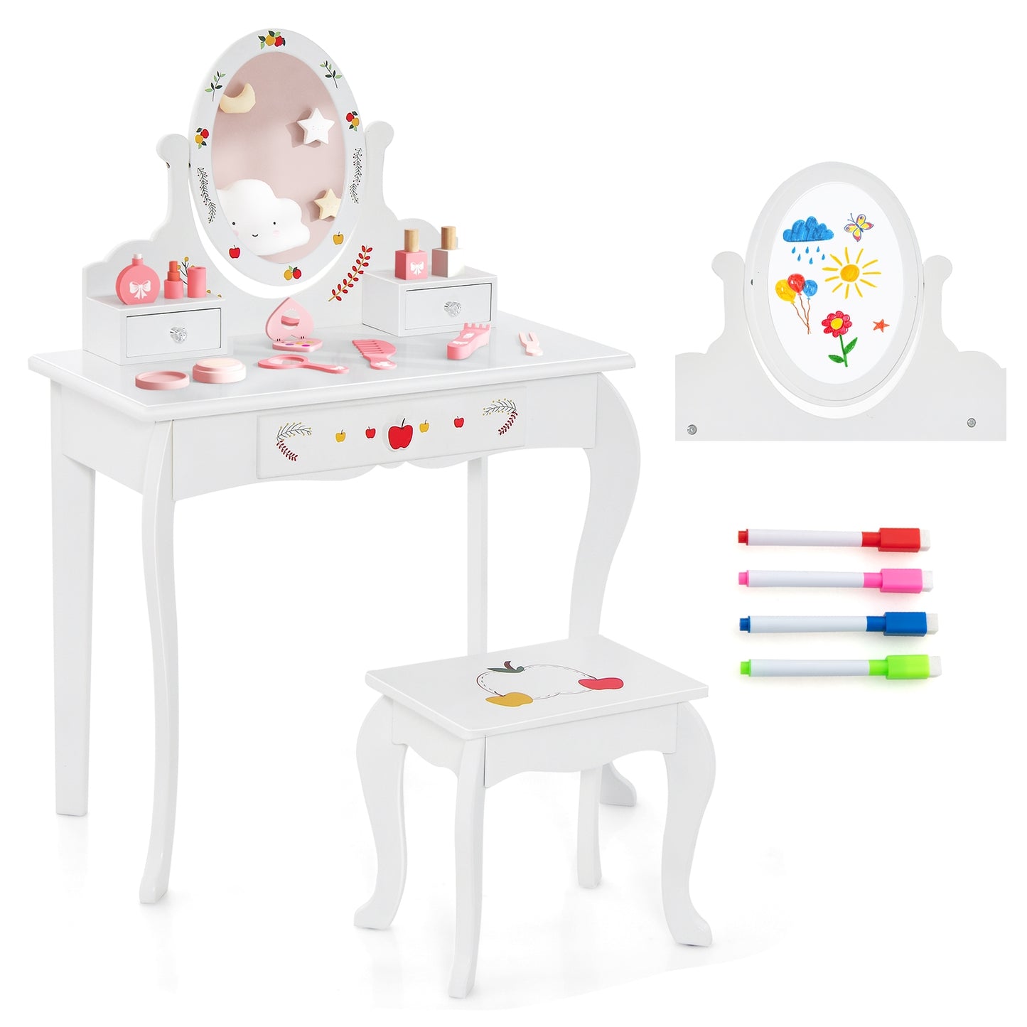 Kids Vanity and Stool Set with 360° Rotatable Mirror and Whiteboard-White Kids Crystal