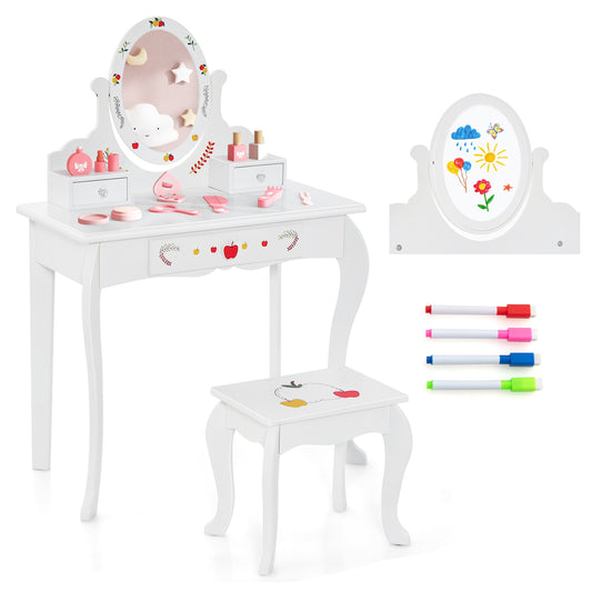Kids Vanity and Stool Set with 360° Rotatable Mirror and Whiteboard-White Kids Crystal