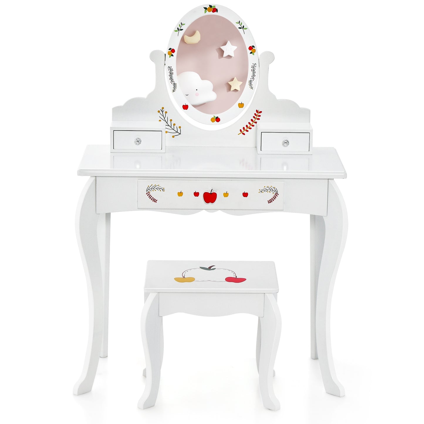 Kids Vanity and Stool Set with 360° Rotatable Mirror and Whiteboard-White Kids Crystal