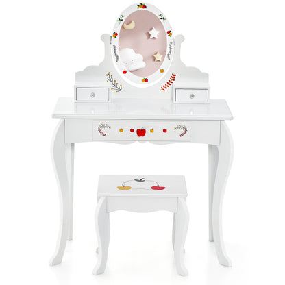 Kids Vanity and Stool Set with 360° Rotatable Mirror and Whiteboard-White