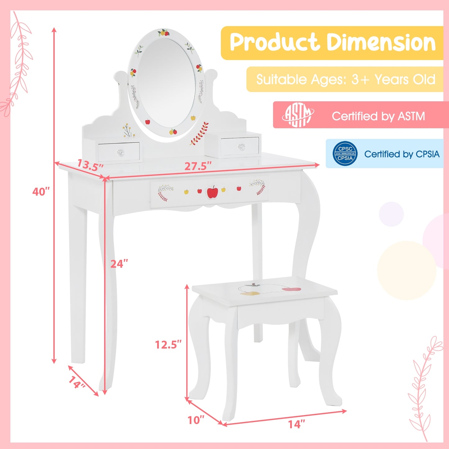 Kids Vanity and Stool Set with 360° Rotatable Mirror and Whiteboard-White Kids Crystal
