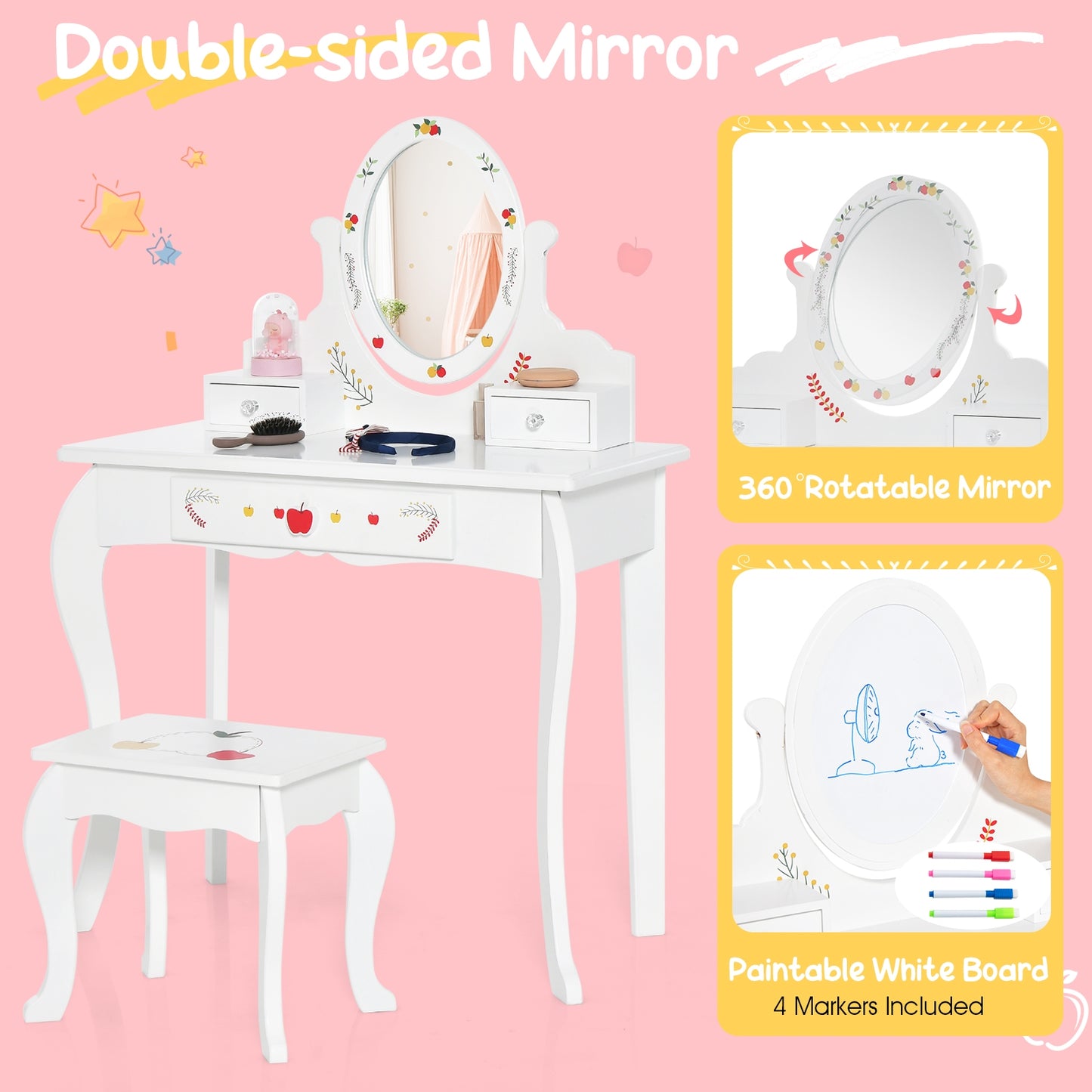 Kids Vanity and Stool Set with 360° Rotatable Mirror and Whiteboard-White Kids Crystal