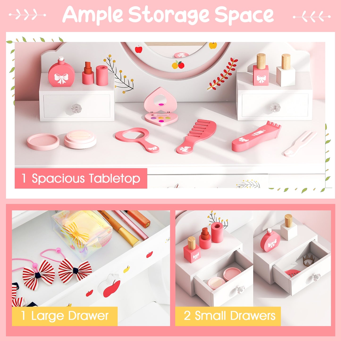 Kids Vanity and Stool Set with 360° Rotatable Mirror and Whiteboard-White Kids Crystal