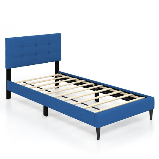 Twin Size Upholstered Platform Bed with Button Tufted Headboard-Blue Kids Crystal
