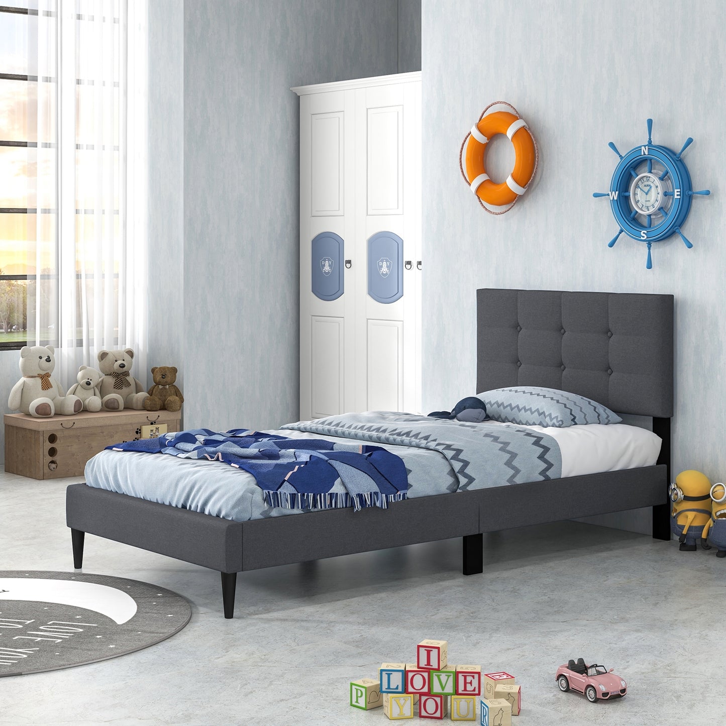 Twin Size Upholstered Platform Bed with Button Tufted Headboard-Gray Kids Crystal