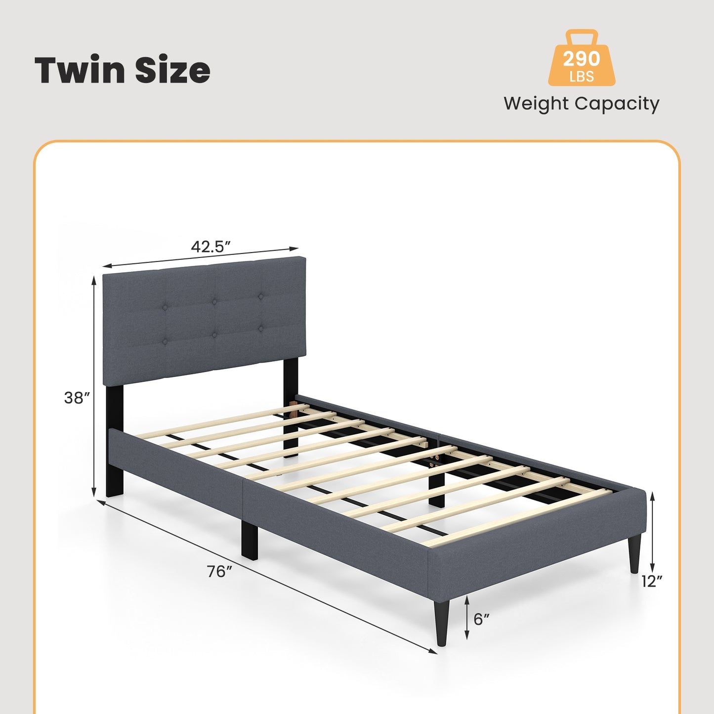 Twin Size Upholstered Platform Bed with Button Tufted Headboard-Gray Kids Crystal