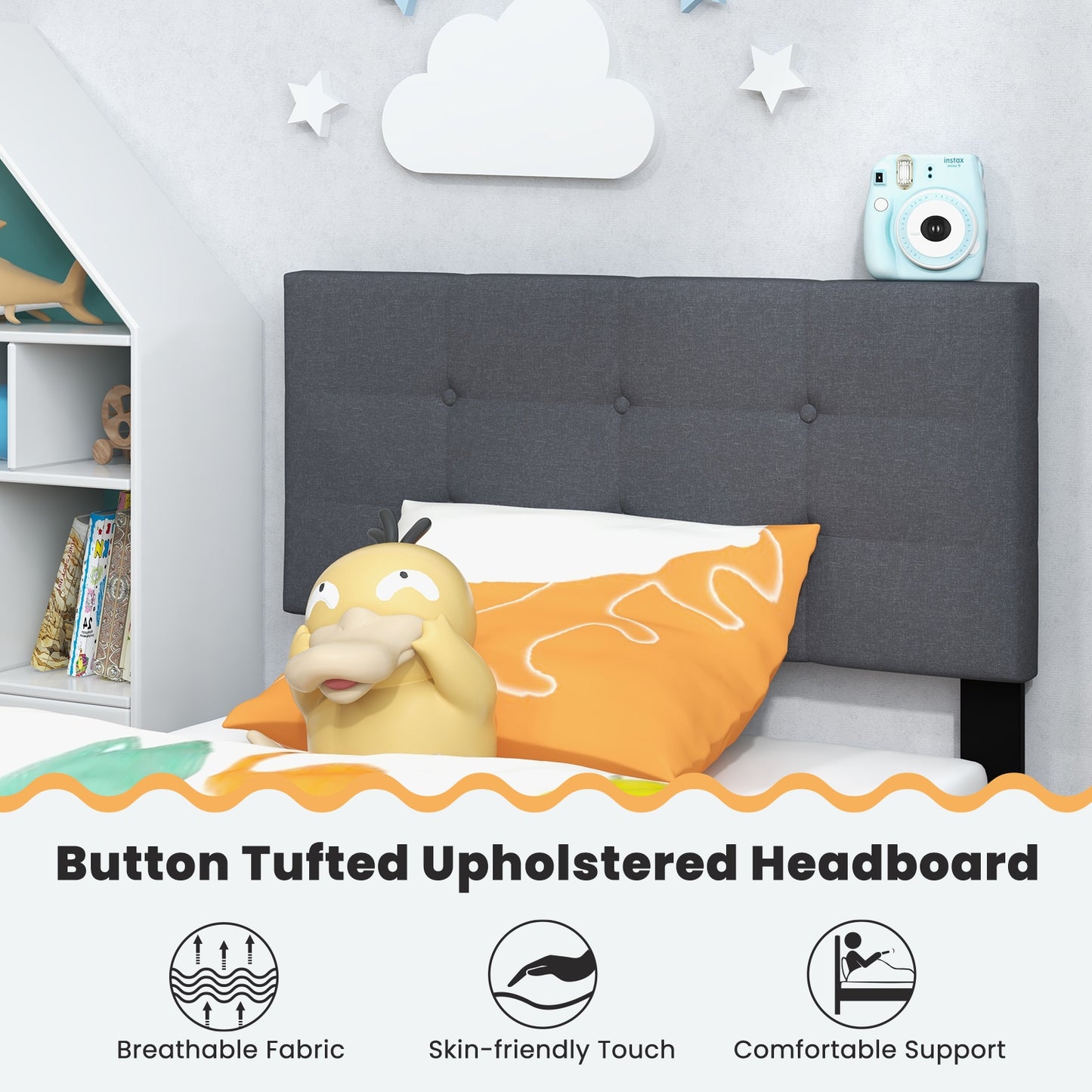 Twin Size Upholstered Platform Bed with Button Tufted Headboard-Gray Kids Crystal