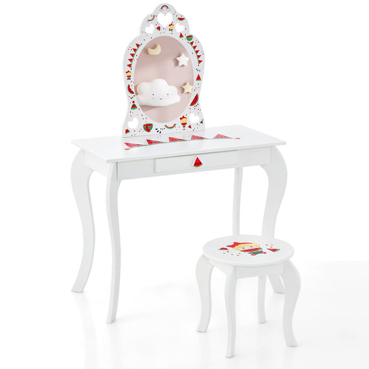 2 in 1 Children Pretend Makeup Vanity Set with Removable Mirror and Storage Drawer-White Kids Crystal