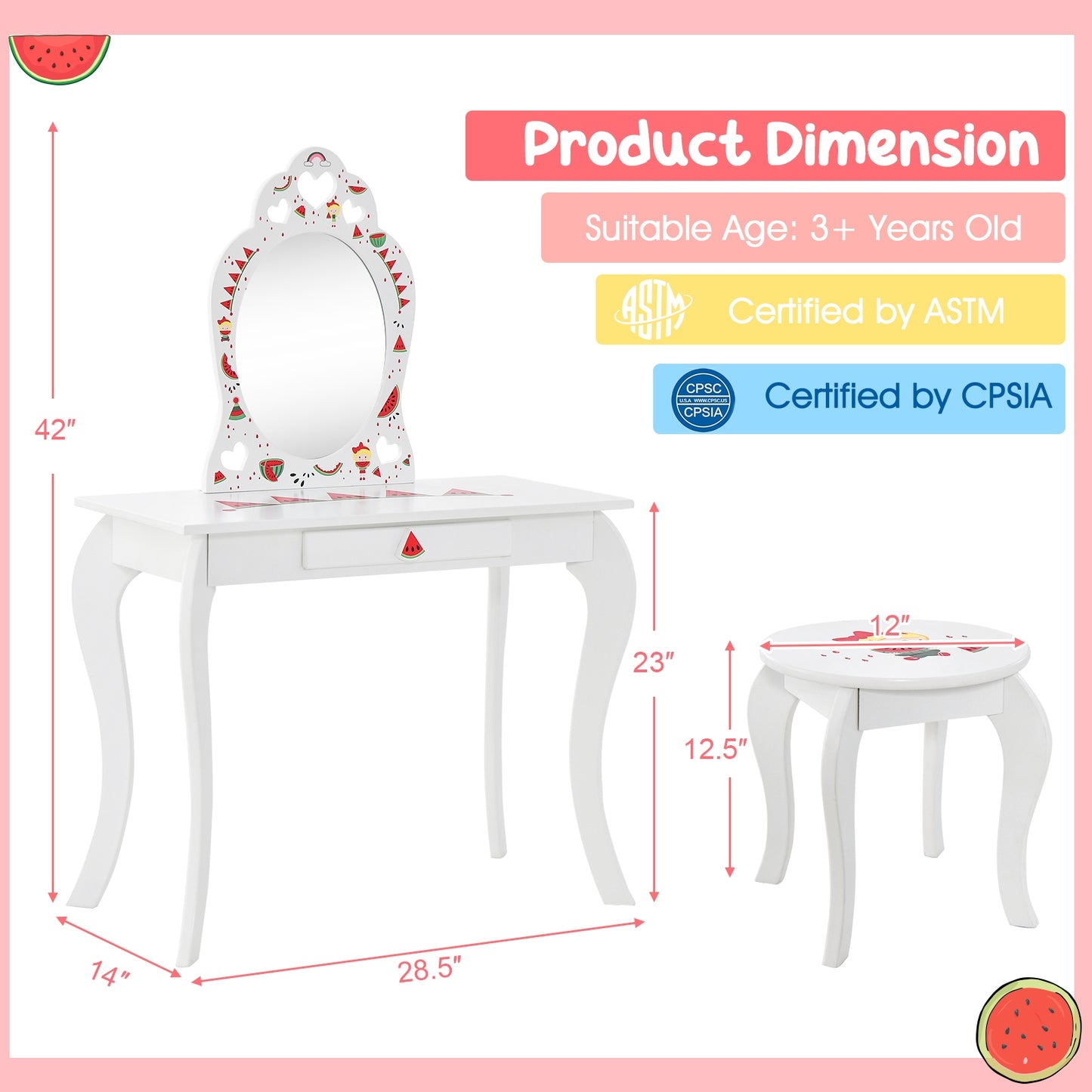 2 in 1 Children Pretend Makeup Vanity Set with Removable Mirror and Storage Drawer-White Kids Crystal