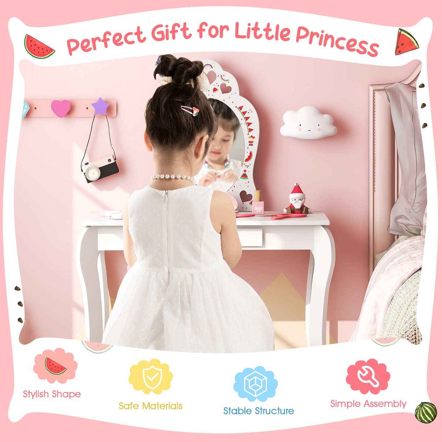 2 in 1 Children Pretend Makeup Vanity Set with Removable Mirror and Storage Drawer-White Kids Crystal