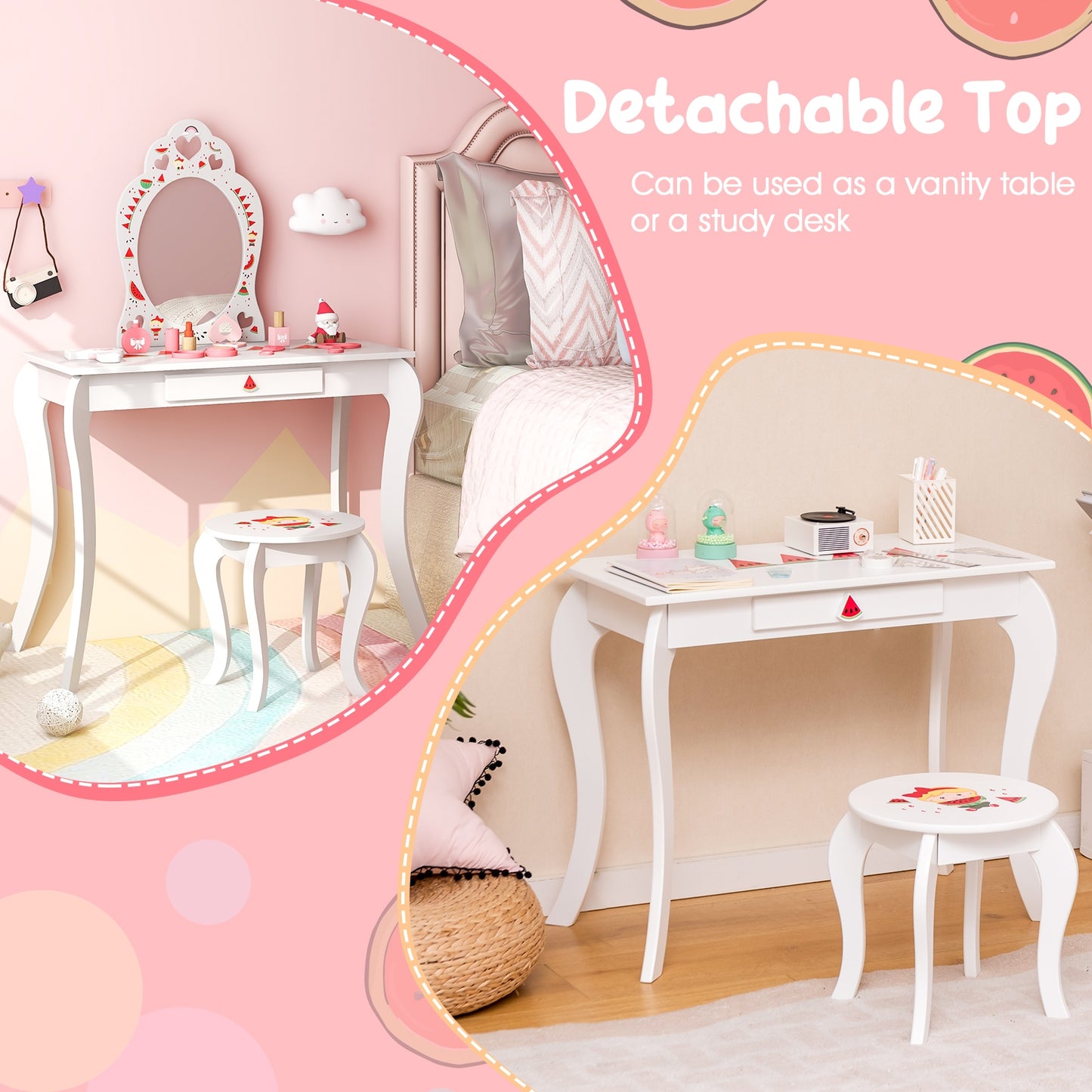 2 in 1 Children Pretend Makeup Vanity Set with Removable Mirror and Storage Drawer-White Kids Crystal
