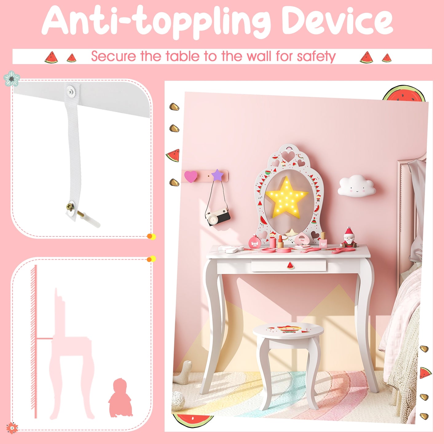 2 in 1 Children Pretend Makeup Vanity Set with Removable Mirror and Storage Drawer-White Kids Crystal