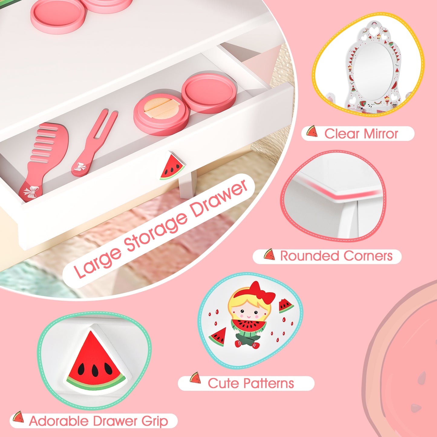 2 in 1 Children Pretend Makeup Vanity Set with Removable Mirror and Storage Drawer-White Kids Crystal