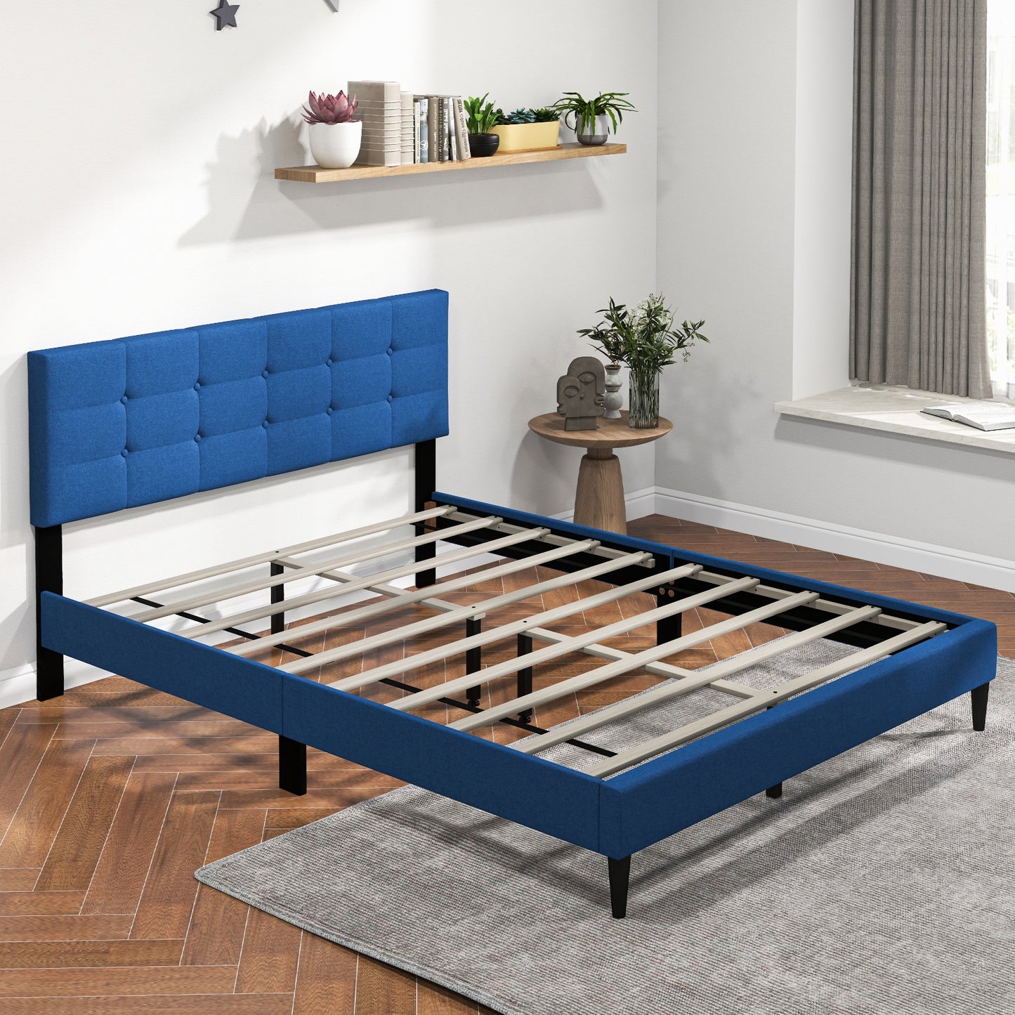 Queen Size Upholstered Platform Bed with Button Tufted Headboard-Blue Kids Crystal
