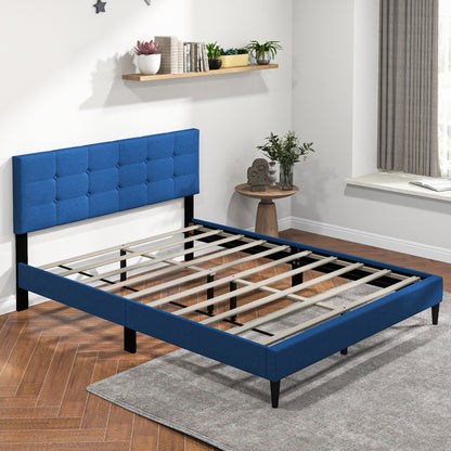 Queen Size Upholstered Platform Bed with Button Tufted Headboard-Blue