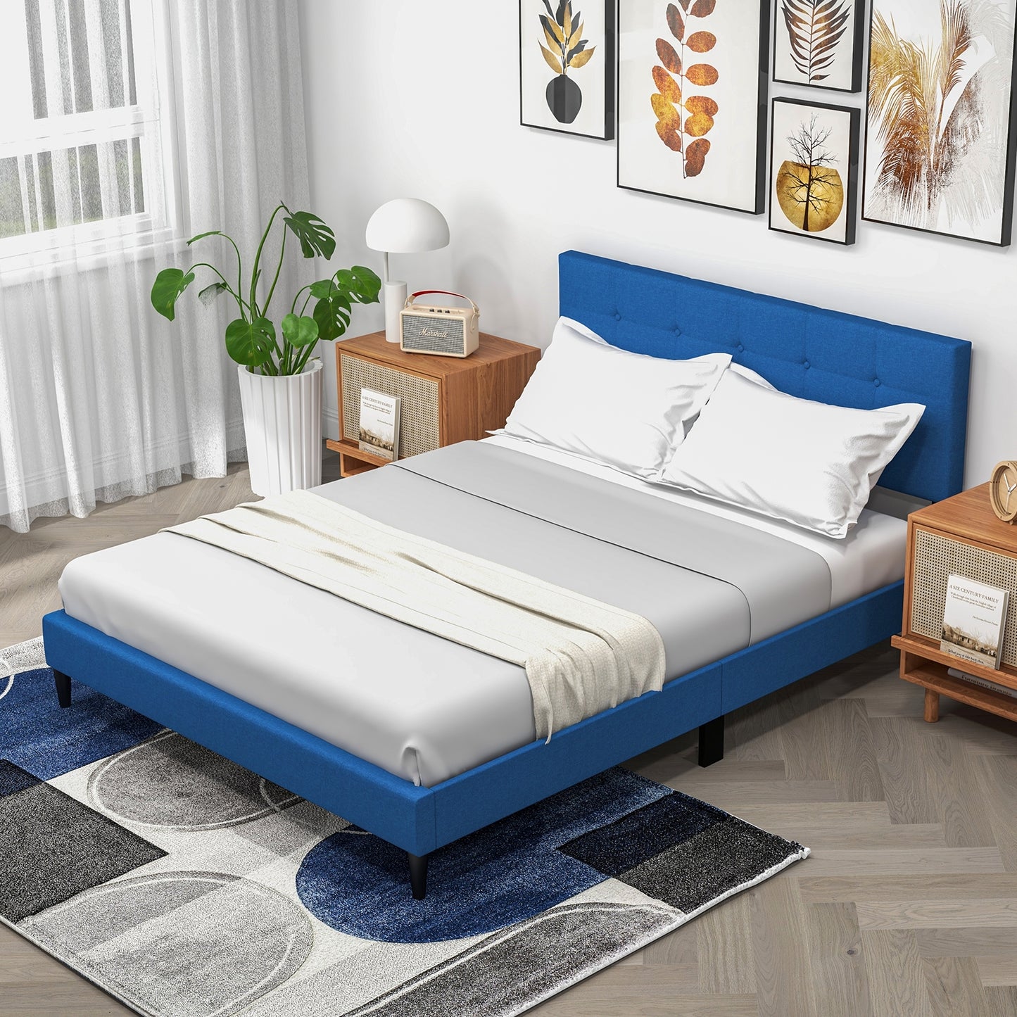 Queen Size Upholstered Platform Bed with Button Tufted Headboard-Blue Kids Crystal