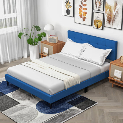 Queen Size Upholstered Platform Bed with Button Tufted Headboard-Blue