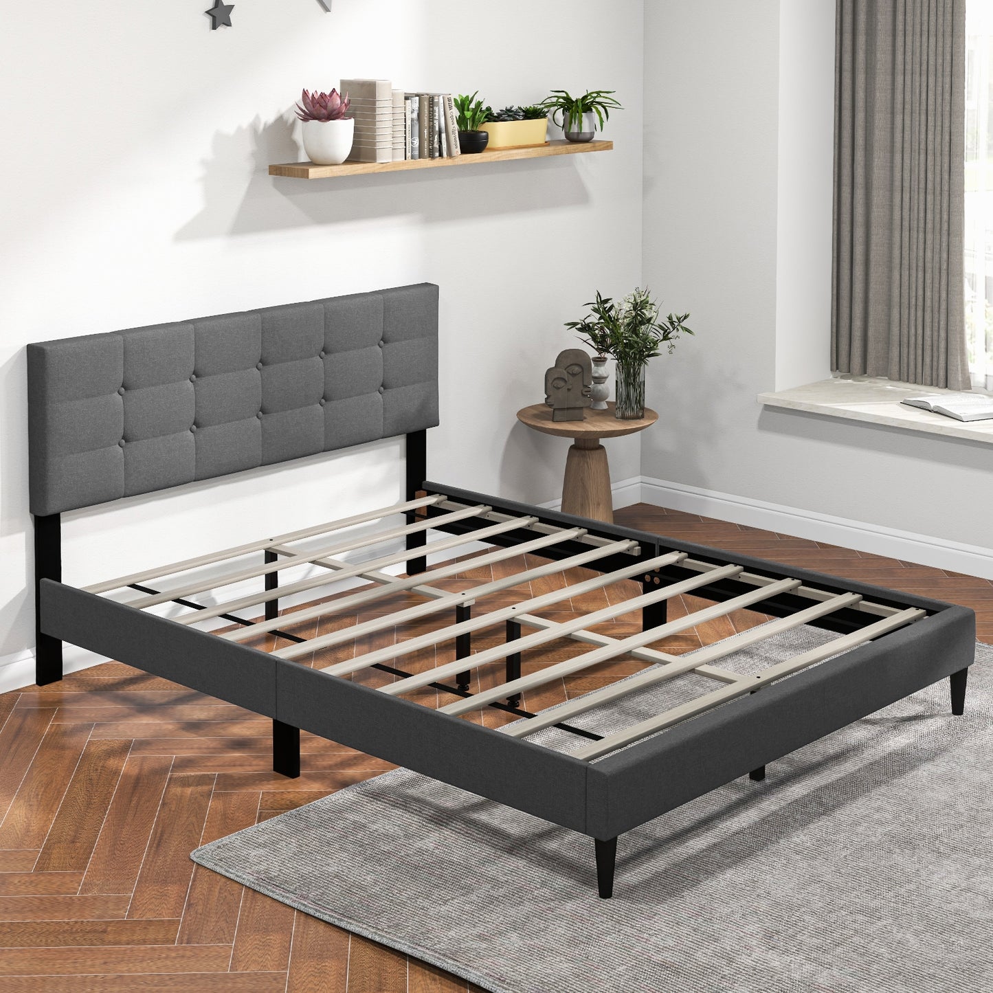 Queen Size Upholstered Platform Bed with Button Tufted Headboard-Gray Kids Crystal