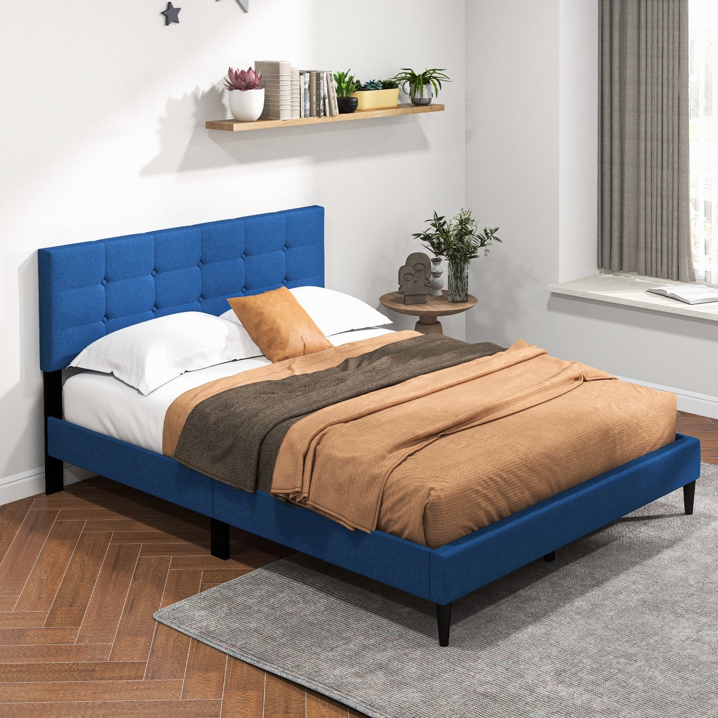 Queen Size Upholstered Platform Bed with Button Tufted Headboard-Blue Kids Crystal