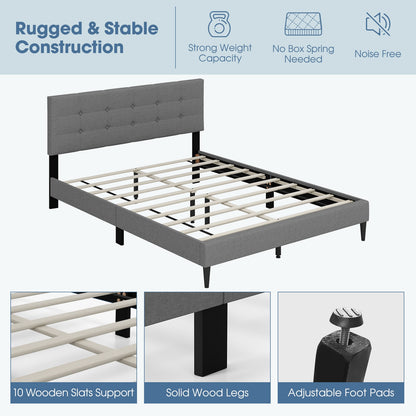Queen Size Upholstered Platform Bed with Button Tufted Headboard-Gray