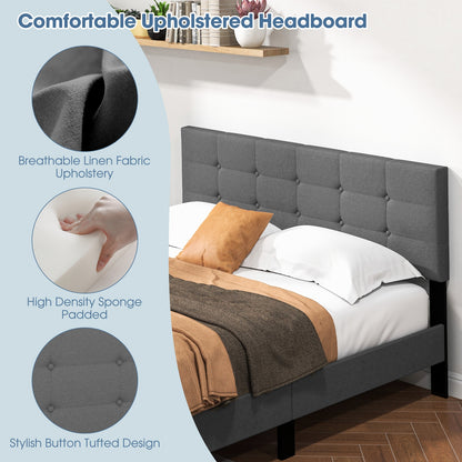 Queen Size Upholstered Platform Bed with Button Tufted Headboard-Gray