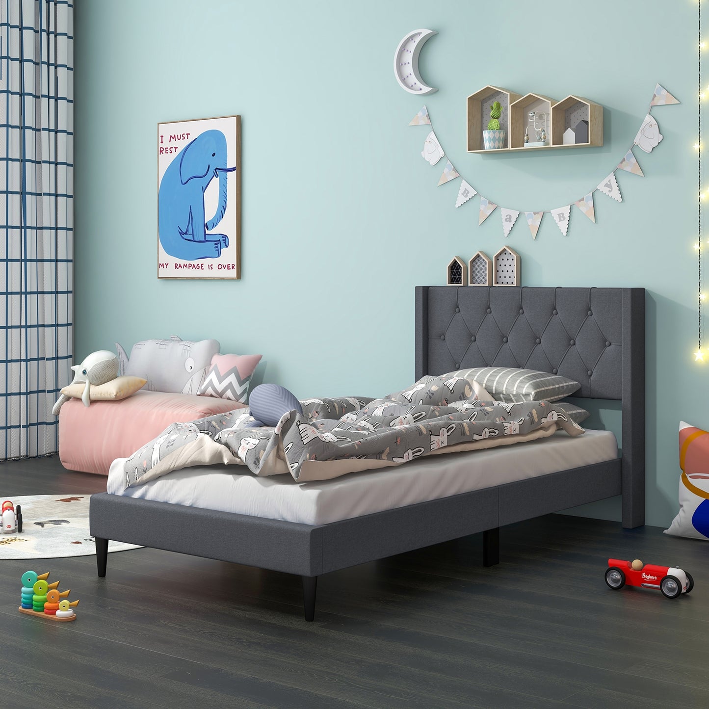 Twin Size Upholstered Platform Bed with Button Tufted Wingback Headboard-Gray Kids Crystal