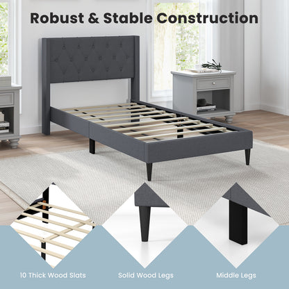 Twin Size Upholstered Platform Bed with Button Tufted Wingback Headboard-Gray