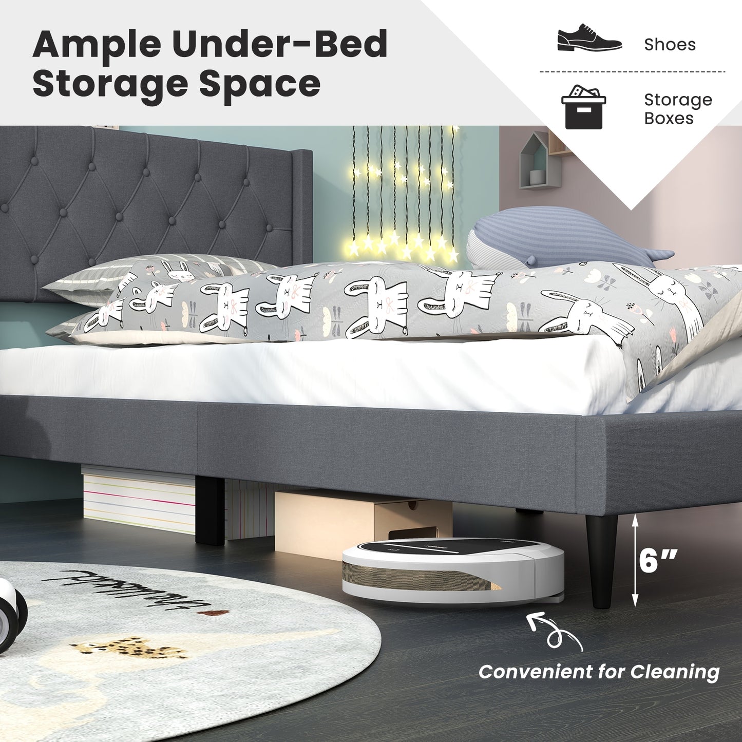 Twin Size Upholstered Platform Bed with Button Tufted Wingback Headboard-Gray Kids Crystal