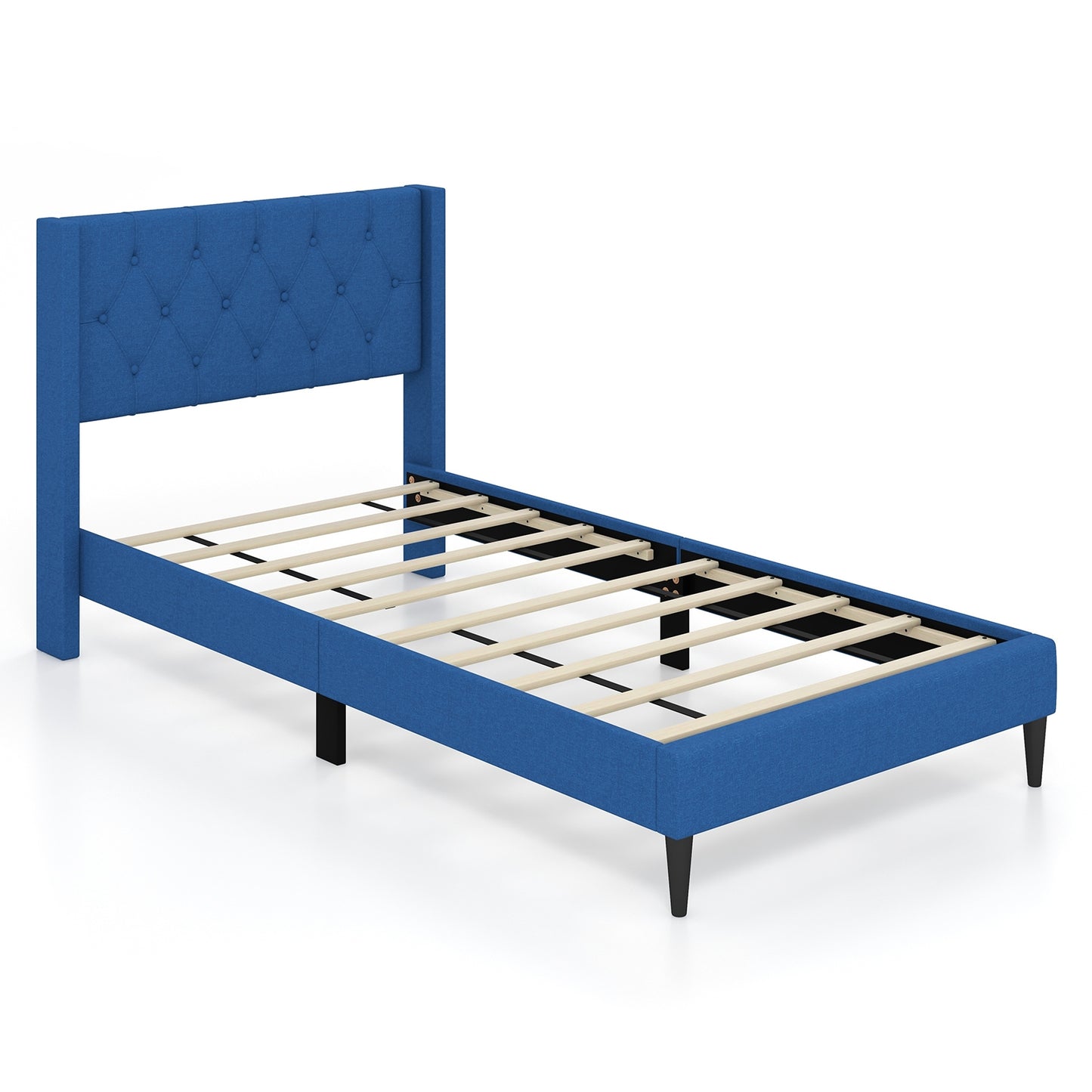 Twin Size Upholstered Platform Bed with Button Tufted Wingback Headboard-Blue Kids Crystal