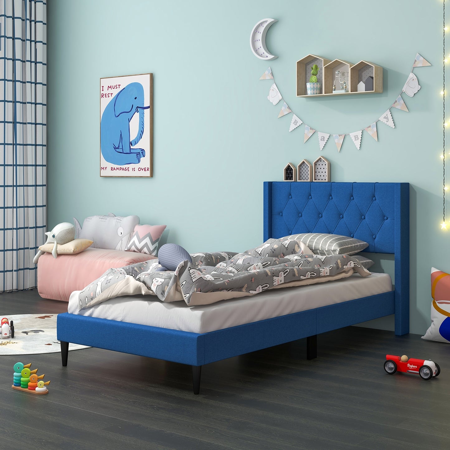Twin Size Upholstered Platform Bed with Button Tufted Wingback Headboard-Blue Kids Crystal