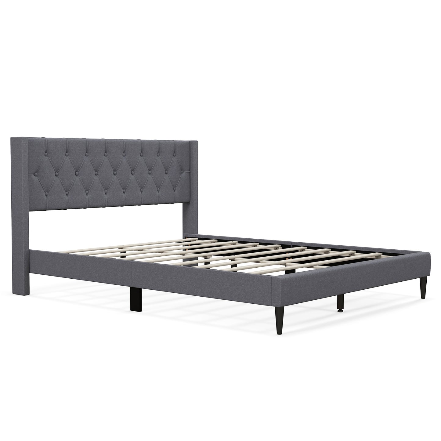 Queen Size Upholstered Platform Bed with Button Tufted Wingback Headboard-Gray Kids Crystal