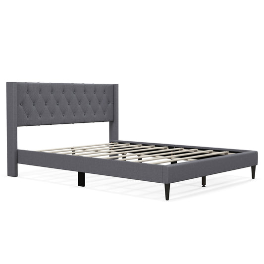 Queen Size Upholstered Platform Bed with Button Tufted Wingback Headboard-Gray Kids Crystal
